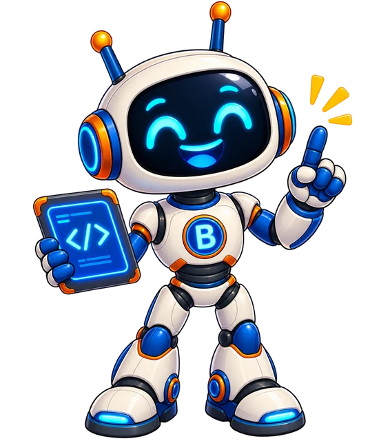 Byte, a white-and-blue robot with a glowing friendly face, antennas, and a B chest badge.