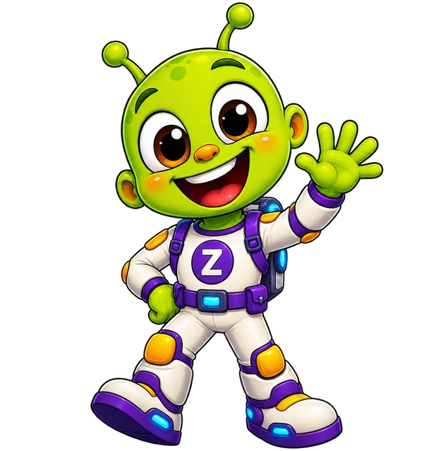 Zorp, a lime-green Martian waving in a purple-and-white suit with a Z chest badge.